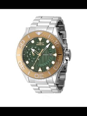 Invicta Men’s Silver Bracelet Watch with Green Dial and Gold Bezel